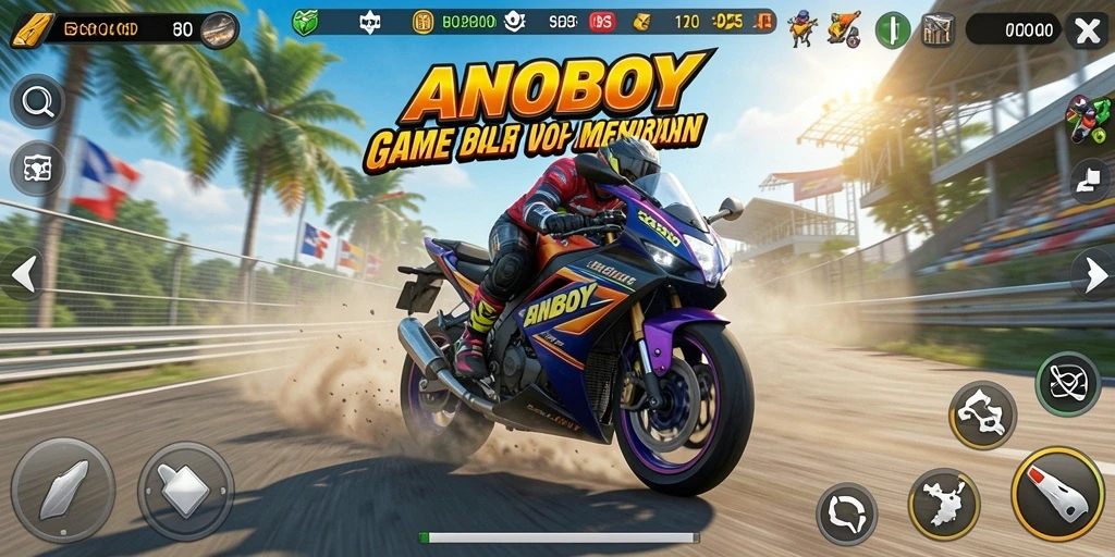 Screenshot ANOBOY menampilkan aksi balap motor yang mendebarkan di trek yang menantang.