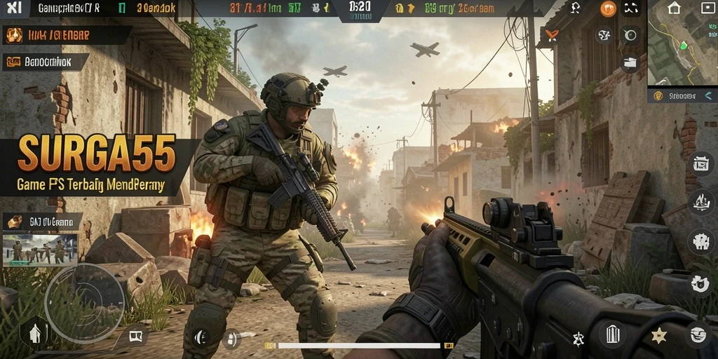 Tampilan gameplay mendebarkan dari SURGA55 dengan aksi tembak-menembak.